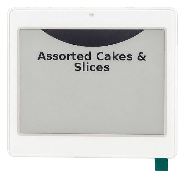 An e-ink label: a white frame around a grey e-paper screen showing a dish name