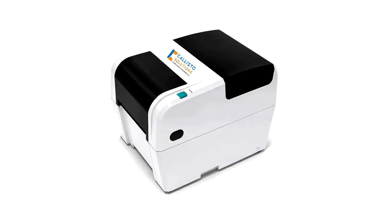 The CT Label Printer turning a little while a blank label starts to feed out of the front