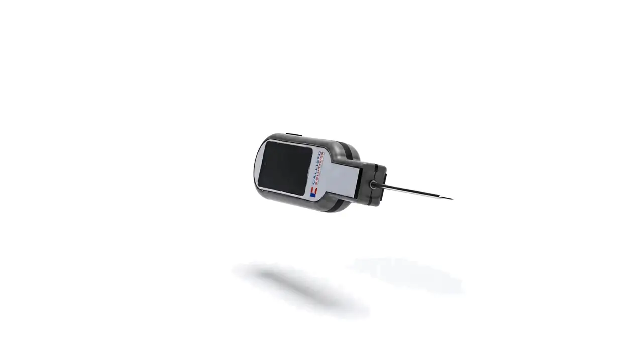 The Mobile Handheld tilting from a three-quarter view to a top-down view: the screen in its grey bumper and the probe needle